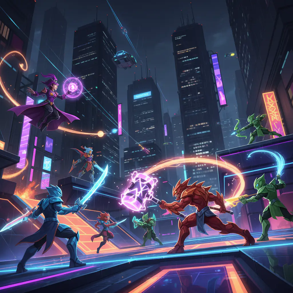 Vibrant gameplay scene showing colorful characters in a dynamic mid-core mobile game