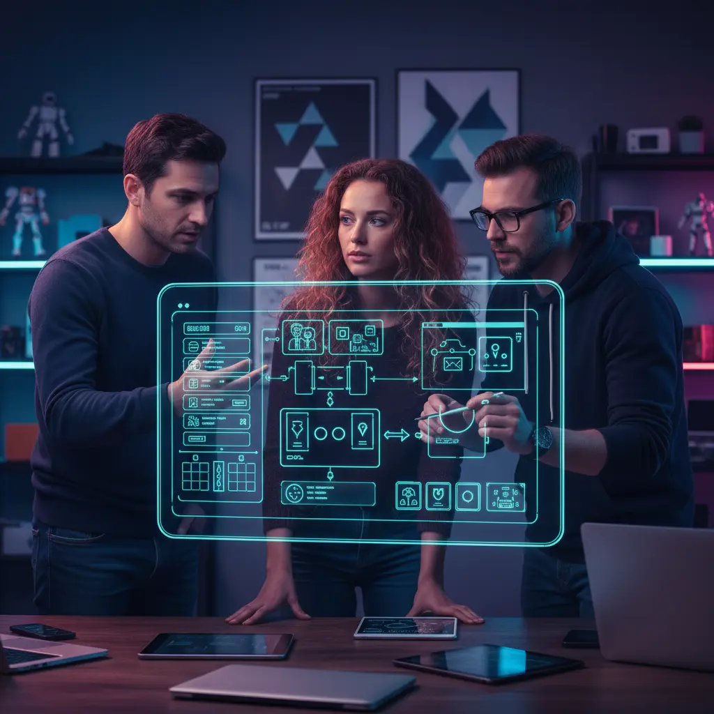 Developers collaborating on a mobile game wireframe